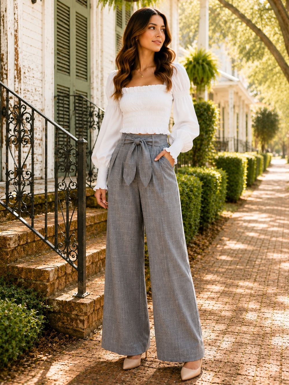 Choosy Gray Plaid Wide Leg Pants High Rise Tie Waist Sz 2